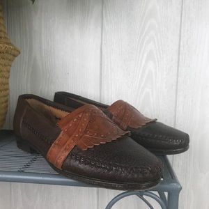 Lorenzo Banfi Italy two tone brown leather slip on loafers